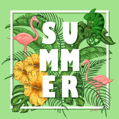 Flamingolar ve bukalemun ile tropikal yaz aranjmanı