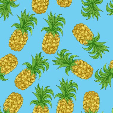 Mavi bir arka plan üzerinde karikatür tarzında ananas dikişsiz desen