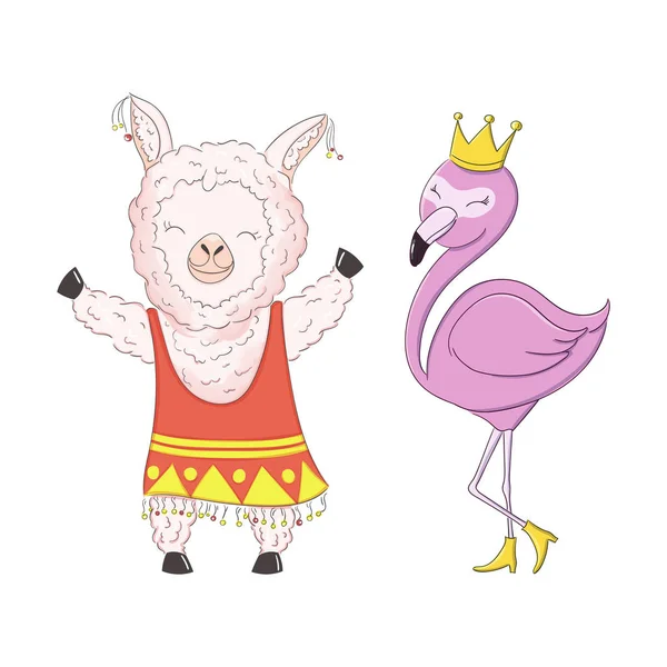 Cute cartoon llama girl alpaca and flamingo vector graphic design. Happy llama character — 스톡 벡터