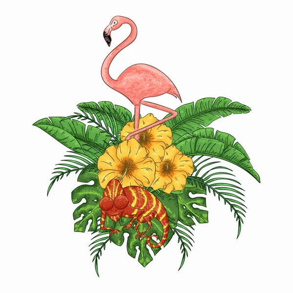 Flamingo ve bukalemun parti davetiyesi. Tropikal Hawaii posteri. — Stok Vektör