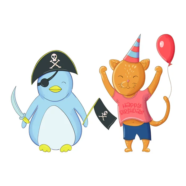Mignon pingouin et chaton dans une casquette avec un ballon. Fête d'anniversaire — Image vectorielle