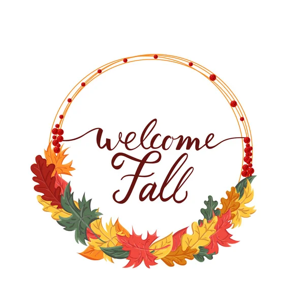 Arrière-plan avec la phrase pinceau bienvenue automne et feuilles — Image vectorielle