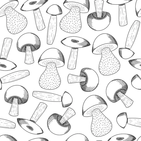 Pilz nahtlose Muster handgezeichnete Skizze Vektor Illustration. Champignon Shiitake, frische Biolebensmittel isoliert auf weiß. — Stockvektor