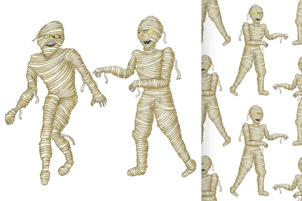 Egyptische mummie en naadloze patroon jongen in Halloween Mummy kostuum lachen littekens. — Stockvector