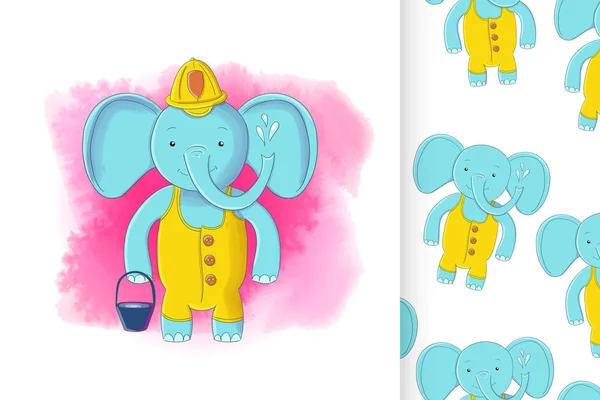 Lindo bombero elefante y patrón sin costuras. Elefante bebé en un casco de bombero con un cubo de agua — Vector de stock