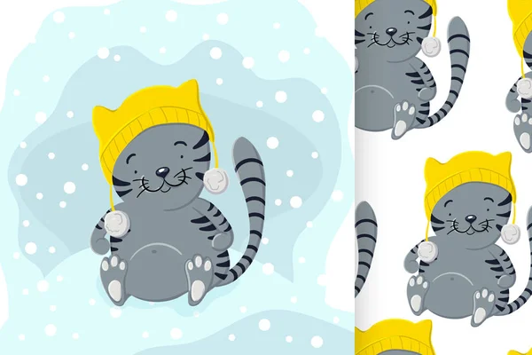 Chaton mignon en chapeau d'hiver jouant dans la neige et le motif sans couture — Image vectorielle