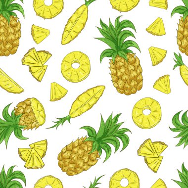 Beyaz arka planda tropik ananas ananasları dikişsiz desen.