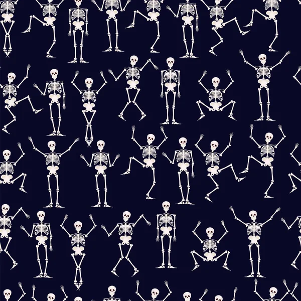 Seamless pattern. Skeletons dancing at a party. Human skeletons in various poses. — Stock Vector