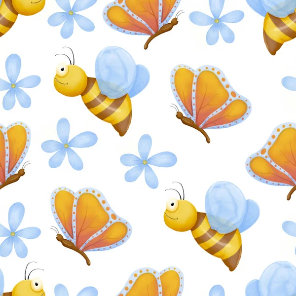 Roztomilé brouky bezešvé vzor. Dětský kreslící hmyz, létající motýli a beruška. Květinový motýl, hmyz a brouk. — Stock fotografie