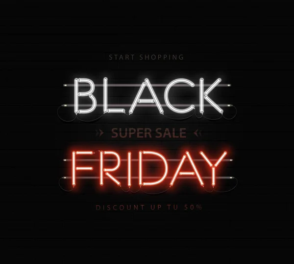 Black Friday banner venta, póster, logotipo. Viernes negro venta inscripción de neón en ladrillo negro — Vector de stock
