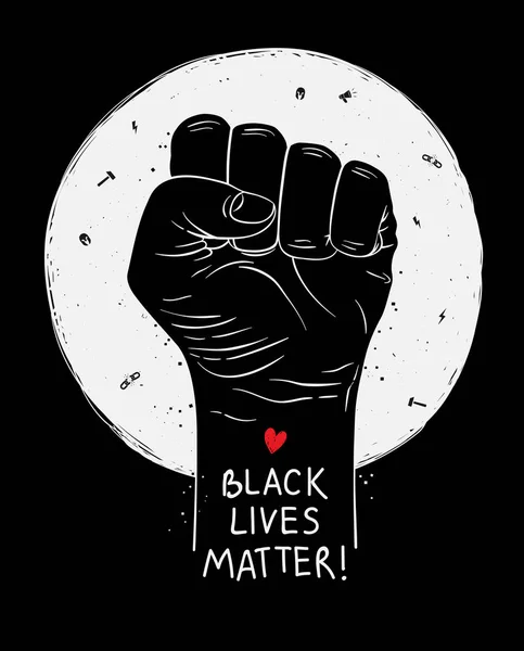 Cartel de protesta con texto Las vidas de los negros importan, BLM y con el puño levantado. Ilustración vectorial — Vector de stock