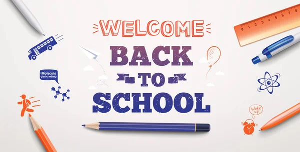 Welkom terug op school tekst tekening in witte achtergrond met schoolspullen en elementen. Vector illustratie banner — Stockvector