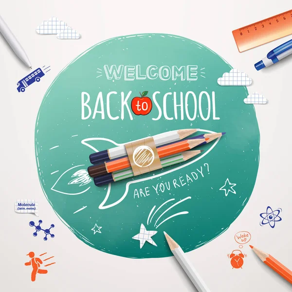 Welkom terug op school. Rocket schip lancering gemaakt met kleurpotloden. Realistische schoolspullen en elementen. Welkom terug op school spandoek. Vectorillustratie EPS 10 — Stockvector