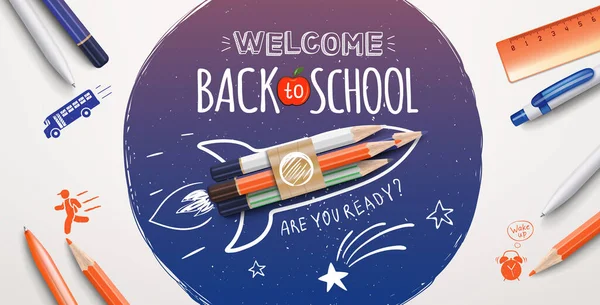Welkom terug op school tekst tekening met schoolspullen en elementen. Welkom terug op de schoolposter. Vectorillustratie — Stockvector