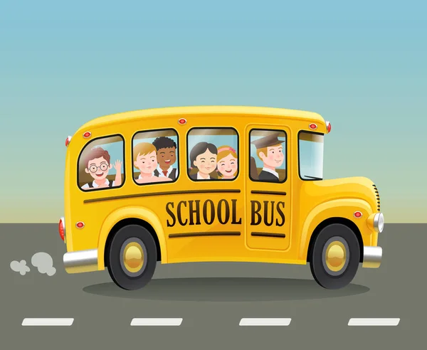 Cartoon σχολικό λεωφορείο με τα παιδιά. Εικονογράφηση διανύσματος EPS10 — Διανυσματικό Αρχείο