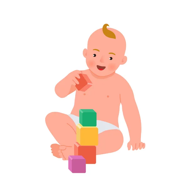 Весёлый улыбающийся ребенок играет с красочными кубиками векторной плоской иллюстрацией. Ребёнок играет в развивающуюся игрушку. Игрушки для маленьких детей. Раннее развитие — стоковый вектор