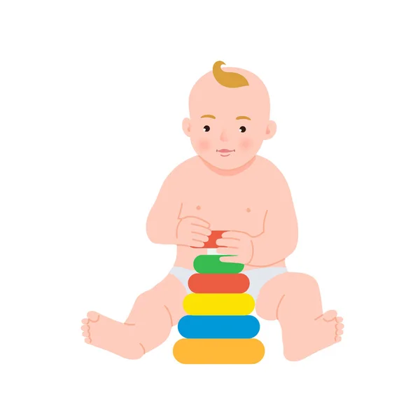 Renkli gökkuşağı oyuncak piramidiyle oynayan şirin bir bebek. Küçük çocuklar için oyuncaklar. Oyuncak geliştiren çocuk. Erken gelişim. Vektör illüstrasyonu. Stok Vektör