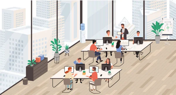 İş yerindeki bir grup ofis çalışanı bilgisayarda çalışıyor ve birbirleriyle konuşuyorlar. Ofis hayatı. Düz çizgi film biçimi vektör çizimi. Stok Vektör