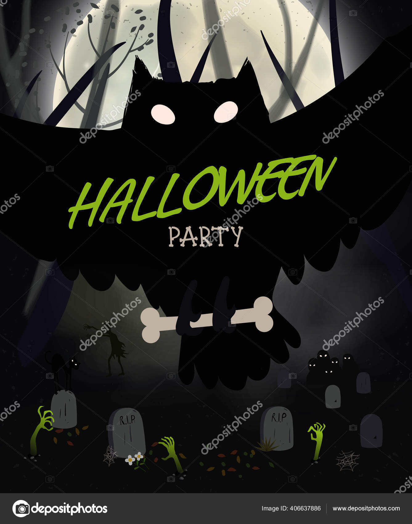 할로윈 밤 포스터에 검은 올빼미, 묘지 박쥐, 큰 달. 할로윈 파티를 위한 플라이어나 초대장. 벡터 일러스트. 스톡 벡터 -  ©oasis15 406637886, image size:1337x1700