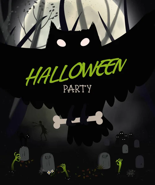 Cartel de noche de Halloween con búho negro, cementerio, murciélagos, luna grande. Folleto o plantilla de invitación para la fiesta de Halloween. Ilustración vectorial. — Vector de stock