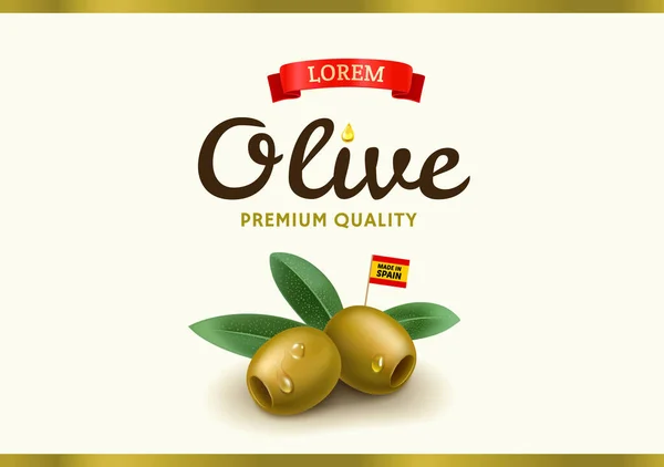 Etiqueta verde oliva con aceituna realista, diseño para envasado de aceitunas enlatadas y aceite de oliva. Ilustración vectorial eps10 — Vector de stock