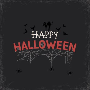 Kara kedi, yarasa ve örümceklerle Cadılar Bayramı Mesajınız kutlu olsun. Vektör illüstrasyonu