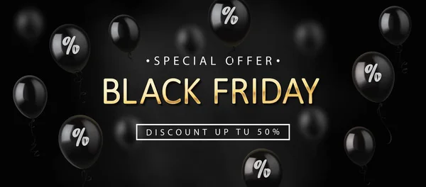 Black Friday Sale, Banner, Plakat, Logo. Goldene Inschrift auf dunklem Hintergrund mit glänzenden Luftballons — Stockvektor