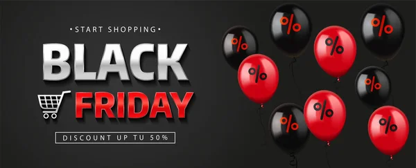 Banner de venta viernes negro con globos. Ilustración vectorial — Vector de stock