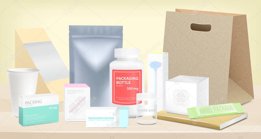 Different kinds of packaging on wooden table, background. Vector