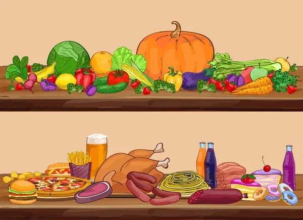 Conjunto de diferentes alimentos en una mesa de madera — Vector de stock