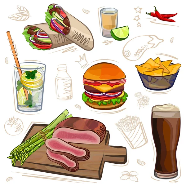 Set di diversi piatti di carne, illustrazione vettoriale — Vettoriale Stock