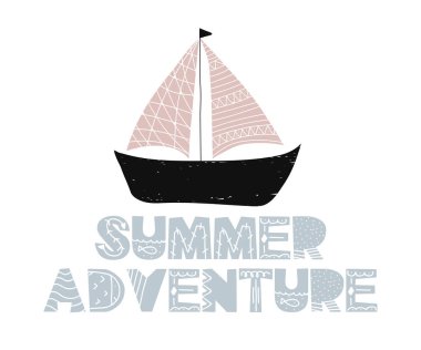Yazı yaz macera ve gemi İskandinav tarzı ile kartı. Vektör çizim