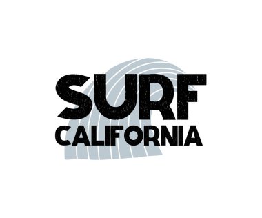 Surf California ve dalga İskandinav tarzı yazı ile kart. Vektör çizim