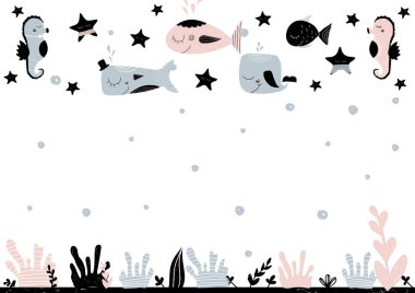 Sualtı yaratıklar, yıldız ve deniz alt yazı için kartı boş alanı ile. Vektör çizim