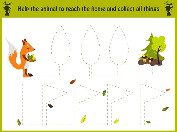 Cartoon illustration of education. Matching game for preschool kids trace the path of the Fox home in the woods. All pictures are isolated on white background. Education and games. Learn handwriting