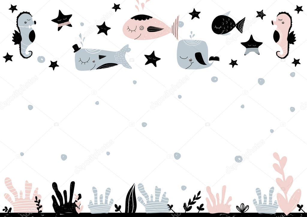 Card with empty space for lettering with underwater creatures, stars and sea bottom. Vector illustration