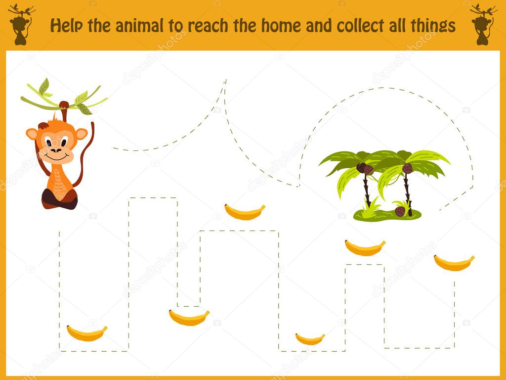 Cartoon illustration of education. Matching game for preschool kids trace the path of the monkey in the jungle and collect all the bananas. Education and games. Learn handwriting. Vector