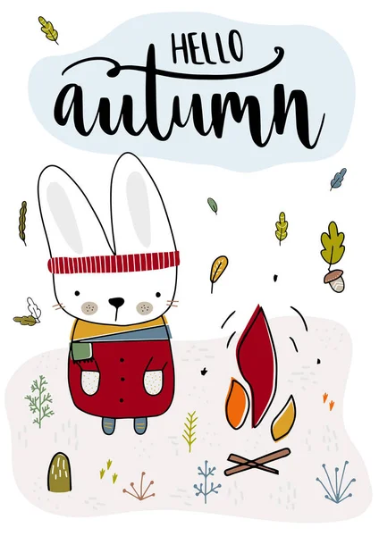 Lindo conejo está en ropa de moda y se calienta por el fuego. Otoño, ilustración de otoño. Vector — Vector de stock