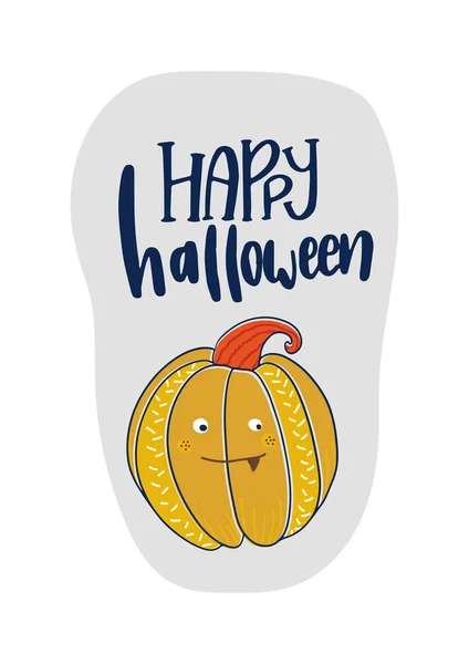 Feliz Halloween Tarjeta de texto. Tarjetas de felicitación con letras manuscritas y personajes de Halloween. Vector — Vector de stock