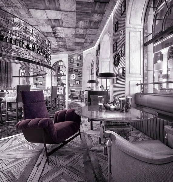 Modern Old Fashioned Restaurant Lounge Bar 3D Rendering