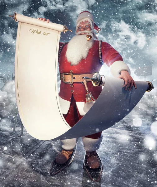 Санта Клаус Пустым Списком Желаний Прокручивает Рождественский Фон Рендерингом — стоковое фото