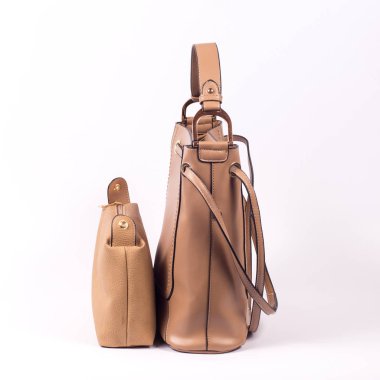 Beyaz arka planda izole edilmiş zarif deri kadın çantası.