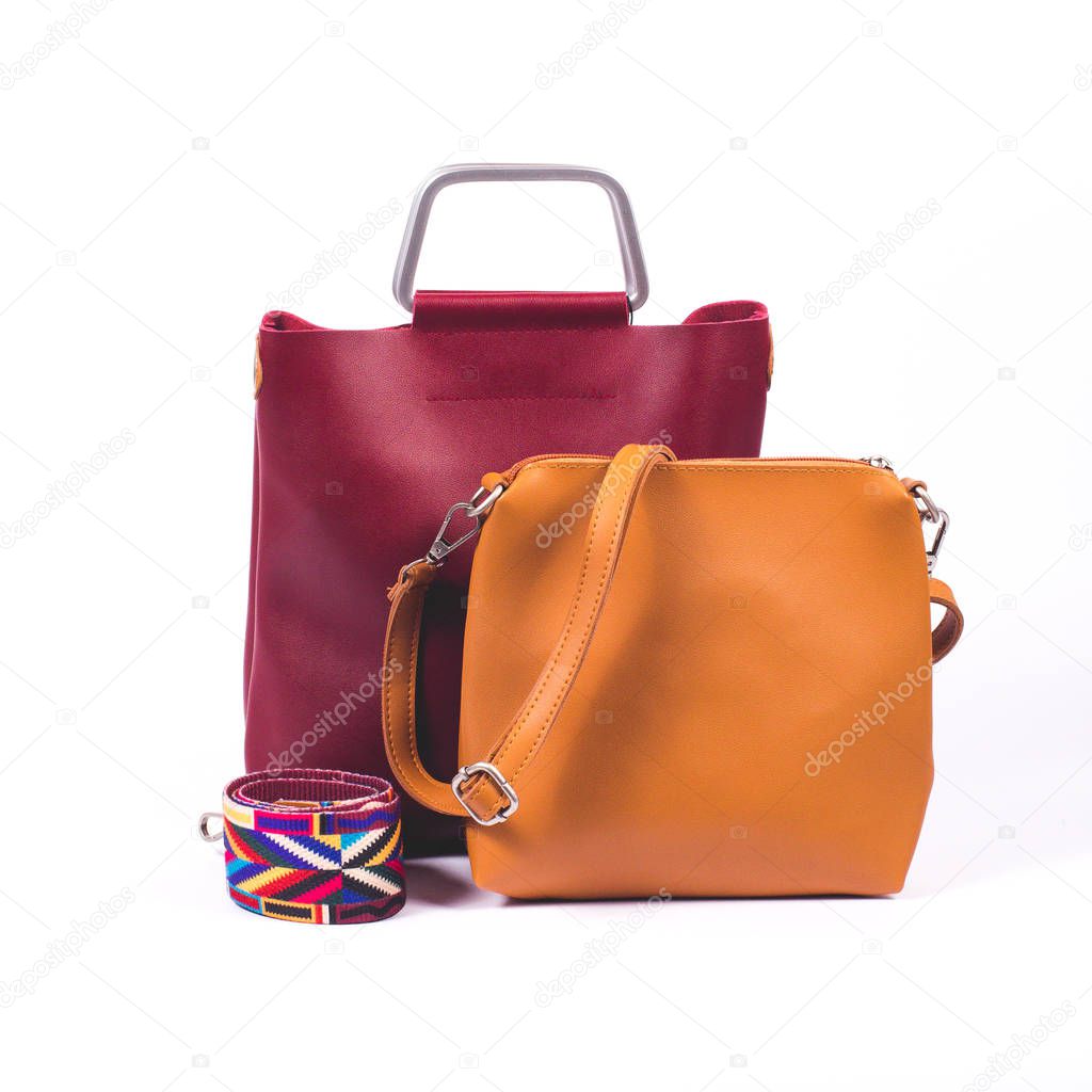 Female leather bags isolated on white background