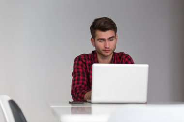 evden çalışma için bir dizüstü bilgisayar kullanarak bir sakallı