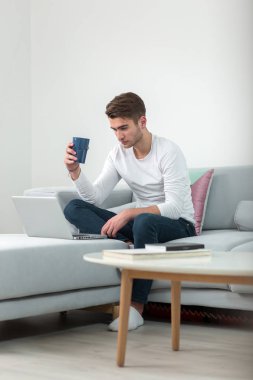 Adam çalışma üzerinden ana sayfa kullanarak dizüstü bilgisayarda kanepe oturma odasında