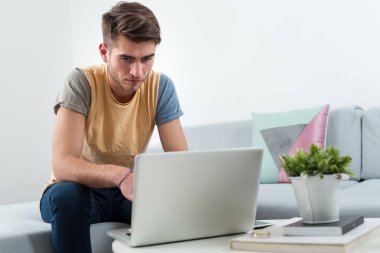 Adam çalışma üzerinden ana sayfa kullanarak dizüstü bilgisayarda kanepe oturma odasında