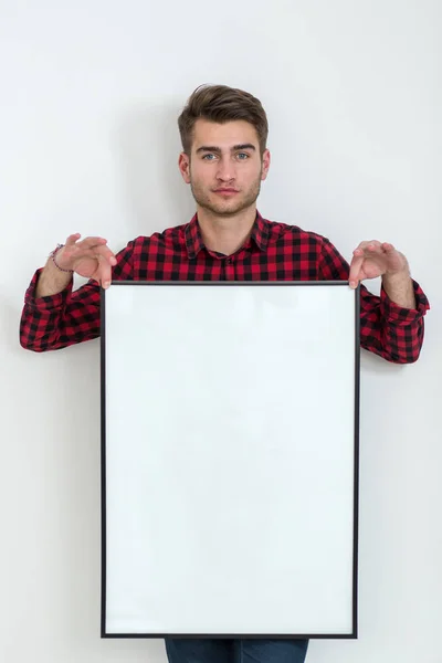 Young Man Holding Banner White Background — Stock Photo, Image