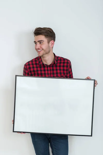 Young Man Holding Banner White Background — Stock Photo, Image