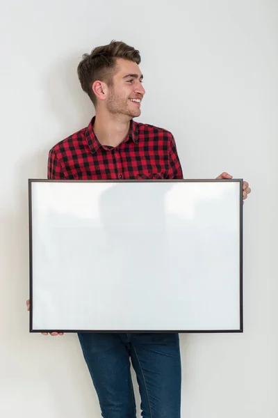 Young Man Holding Banner White Background — Stock Photo, Image