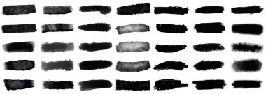 Fırça darbeleri. Doku fırçaları ve modern grunge fırça çizgileri. Çerçeve tasarımı için mürekkep fırçası sanatsal tasarım öğesi. Vektör izole elementler ayarlandı. Pis siyah kumaşlar. Kaba lekeler ve lekeler.